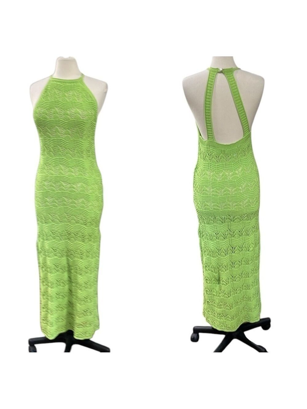 NWOT House of Harlow 1960 Crochet Maxi Dress Cut Out Back Bright Green SZ M